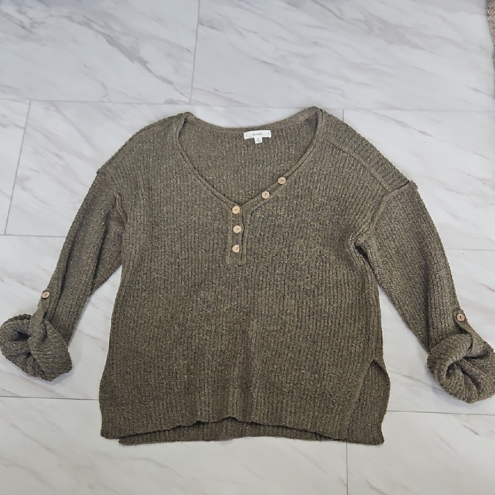 Olive Ribbed V-Neck Henley Sweater